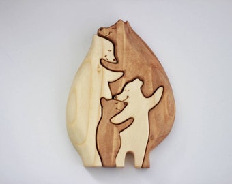 Bear family wooden puzzle, game, wooden toy, Montessori toy, bear puzzle, mother bear, baby bear, wooden game