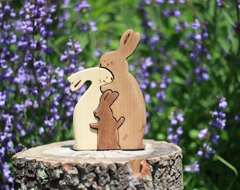 Puzzle in legno della famiglia di conigli, gioco, giocattolo in legno, giocattolo Montessori, puzzle di conigli, coniglietta mamma, coniglietto, gioco in legno, conigli