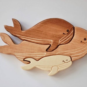 Houten puzzel walvisfamilie, spel, houten speelgoed, Montessorispeelgoed, walvispuzzel, moederwalvis, babywalvis, houten spel