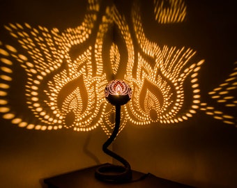 LOTUS - Table Lamp, Turkish Gourd Lamp, Moroccan Light, Modern Deco boho lamp, round accent lamp, small wooden bedside lamp, coconut desk