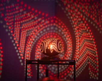 Red Spiral Gourd Table Lamp: Acacia Wood Base, Japandi Decor