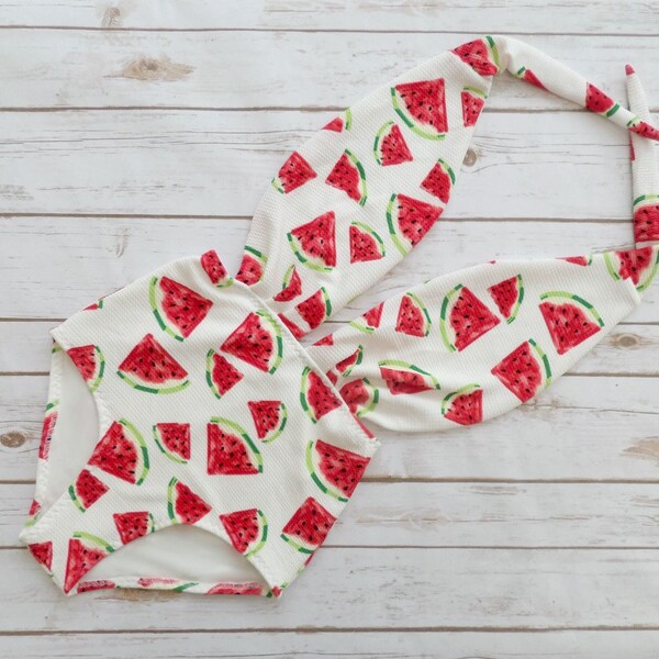 Watermelon Swimsuit - High Waisted Vintage Style Pin-up Bathing Suit - White Retro Maillot Swimwear - ONE ONLY, Size XL