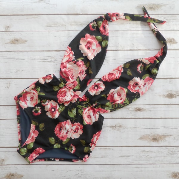 Swimsuit High Waisted Vintage Style One Piece - Retro Pin-up Maillot - Black Pink Rose Floral Print Design Plunge Neck Bathing Suit Swimwear