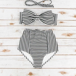 Bikini Stripe Bandeau Vintage Style, High Waist Retro Pinup Two Piece Bow Bathing Suit Swimwear, Black and White Monochrome Print Swimsuit