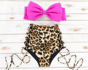 Leopard Bikini Set - Unique High Waisted Cheetah Animal Print Bottoms With Cute Pink Bow Bandeau Swim Top - Cut Out Cute Ladies Swimwear