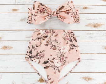 Bikini Set - Ladies 2 Piece High Waist Flattering Bikini - Pretty Pink Floral Pattern Womens Swimwear - Handmade Unique Design