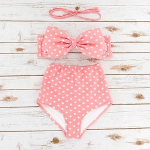 Pin-up Bikini High Waist Waisted Retro Vintage 50’s Style Swimsuit - Polka Dot Coral Pink White Bow Bathing Suit Pretty Swimwear Unique Cute