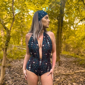 Witchy Celestial Swimsuit, Dark and Moody One Piece Featuring Lunar Moon, Snakes, Nightshade Floral & Berries. Unique Handmade Bathing Suit.
