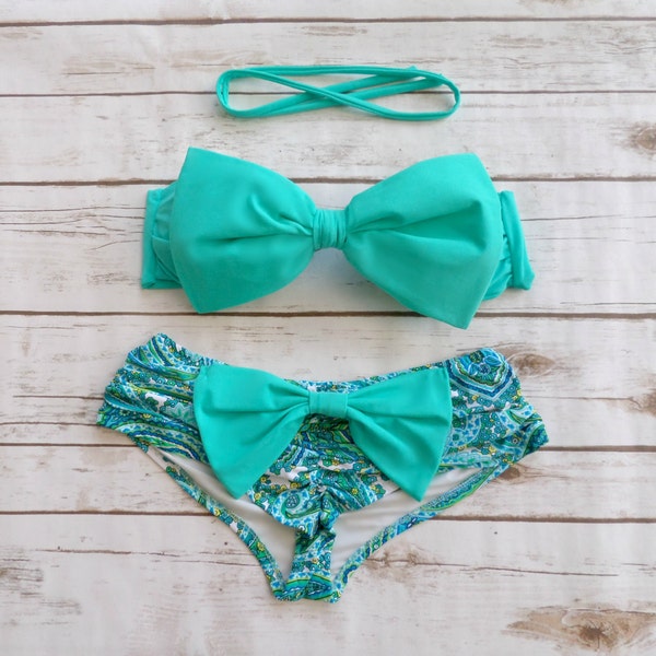 Bow Bikini Cheeky Scrunch Butt Brazilian Boyshort Style Swimwear - Teal Aqua And White Paisley Floral Print Design - Cute Beach Swimsuit