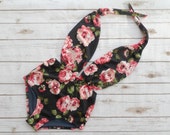 Swimsuit High Waisted Vintage Style One Piece - Retro Pin-up Maillot - Black Pink Rose Floral Print Design Plunge Neck Bathing Suit Swimwear