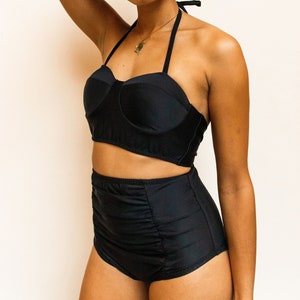 Black Bustier Bikini with Ruched Panel Briefs Recycled Eco Friendly Bikini Set Handmade Swimwear Unique Flattering Beachwear image 2