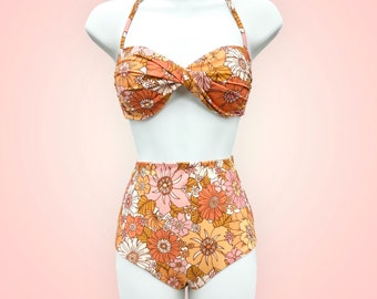Bikini Vibe floreale arancione anni '70 - Set bikini ecologico riciclato - Costumi da bagno fatti a mano - Abbigliamento da spiaggia lusinghiero unico