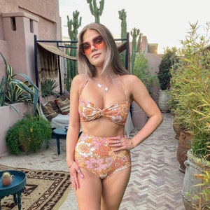 Orange Floral 70&#39;s Vibe Bikini -  Recycled Eco Friendly Bikini Set - Handmade Swimwear - Unique Flattering Beachwear