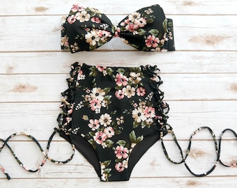 Black Floral High Waist Bikini with Cut Out Sides