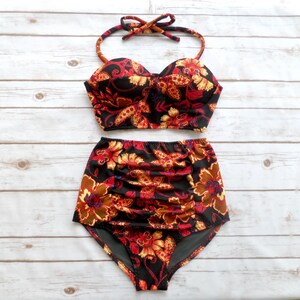 Red floral high waisted bikini discount