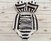 Bustier Bikini High Waist Ruched Panel Briefs Swimsuit - Retro 50 39 s Vintage Style Black White Stripe Monochrome Pin-up Bathing Suit Swimwear
