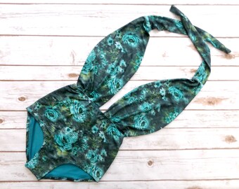 Swimsuit High Waisted Pretty Vintage Style Bathing Suit - Aqua Blue Floral Print Patterned One Piece Maillot Retro Pin-up Swimwear Beachwear