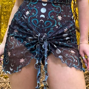 Witchy Celestial Sarong, Dark and Moody Cover Up Featuring Luna Moon, Snakes, Nightshade Floral & Berries. For Matching Bathing Suit.