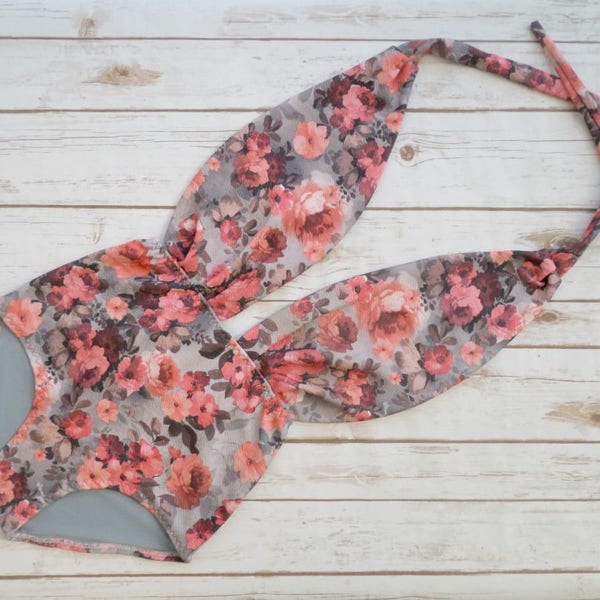 Ultra Flattering Ladies Swimsuit With Delicate Pastel Rose Gray Pink Pattern