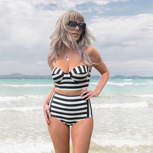 Black & White Striped Pin Up 2 Piece Bikini Set Unique Flattering Handmade Beachwear Recycled Eco Friendly Swimwear From The UK. image 1