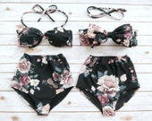 Bikini Set - Choose Bow or Twist Top - High Waisted 2 Piece Retro Pin-up Bathing Suit Black Cream Floral Swimsuit Vintage Inspired Swimwear