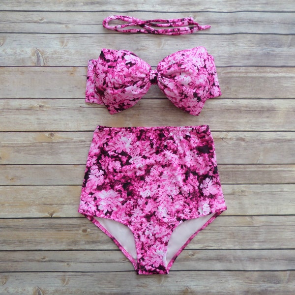 Bow Bandeau Bikini - Vintage Style High Waisted Pin-up Swimwear -  Beautiful Pink Blossom Floral Print - Unique & So Cute!