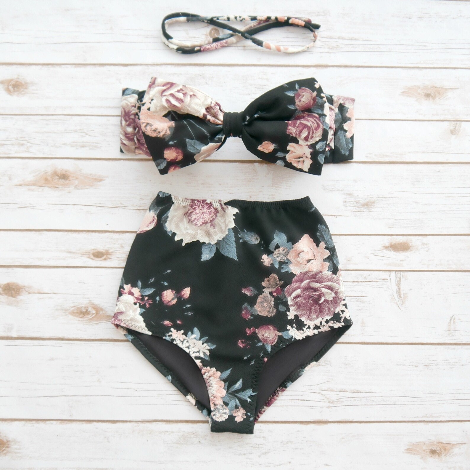 Classic & Oh so Cute Black Floral Bikini Set High Waist Etsy UK