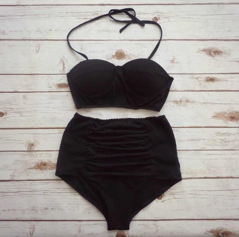 Black Bustier Bikini with Ruched Panel Briefs Recycled Eco Friendly Bikini Set Handmade Swimwear Unique Flattering Beachwear image 5