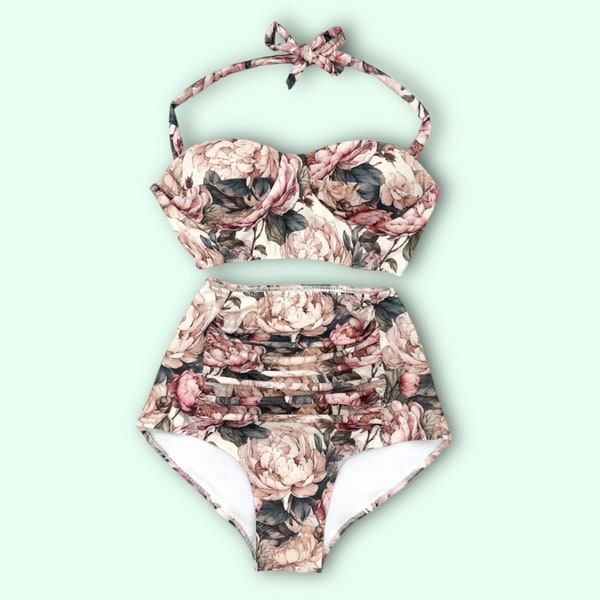 Beautiful Rose Floral Bikini - Bustier Style In Soft Pastel Shades - Handmade From Recycled Eco Friendly Fabric - Unique & Flattering!