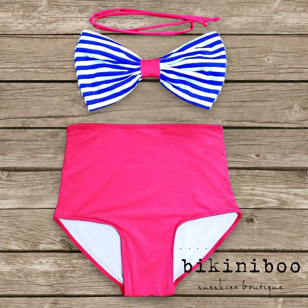 Bow Bandeau Bikini - Vintage Style High Waisted Pin-up Swimwear -  Nautical - Hello Sailor! - Unique & So Cute!