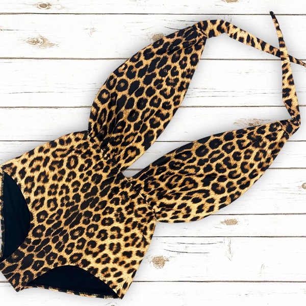 Leopard Cheetah Swimsuit, High Waisted Vintage Style Pin Up Classic One Piece