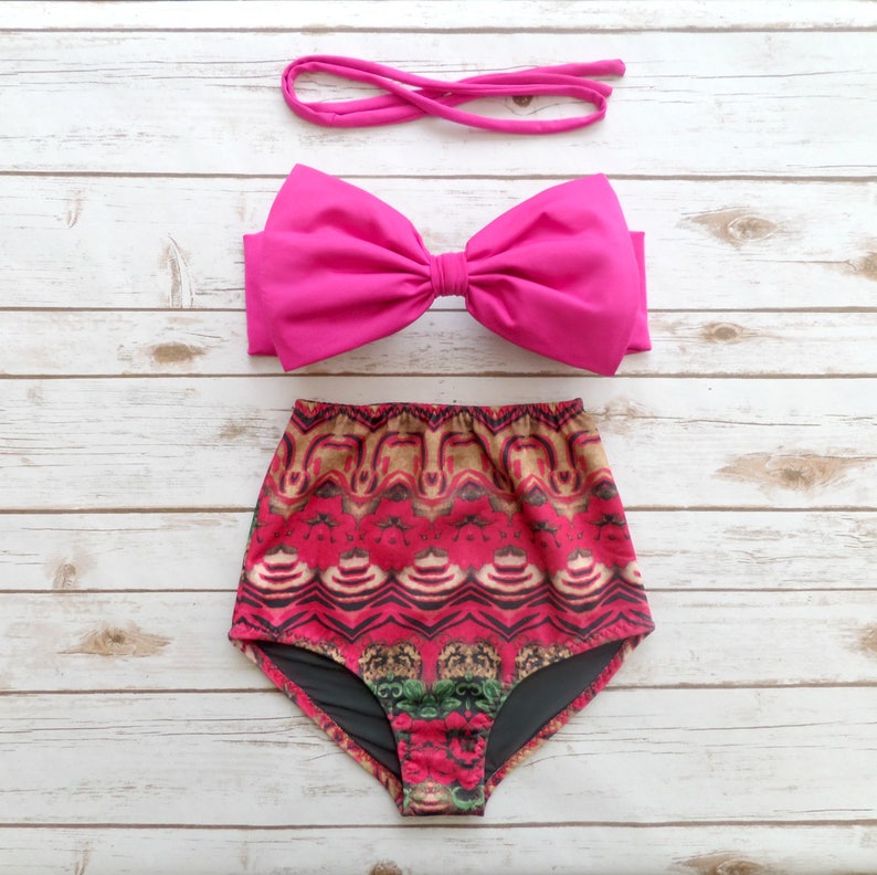 Vintage Style High Waisted Pin-up Swimwear Cute Bathing Suit Beautiful Pink Tribal Aztec Print Swimsuit Bow Bandeau Bikini