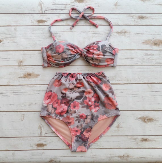 Pastel Pink & Gray Floral Rose Bikini Set