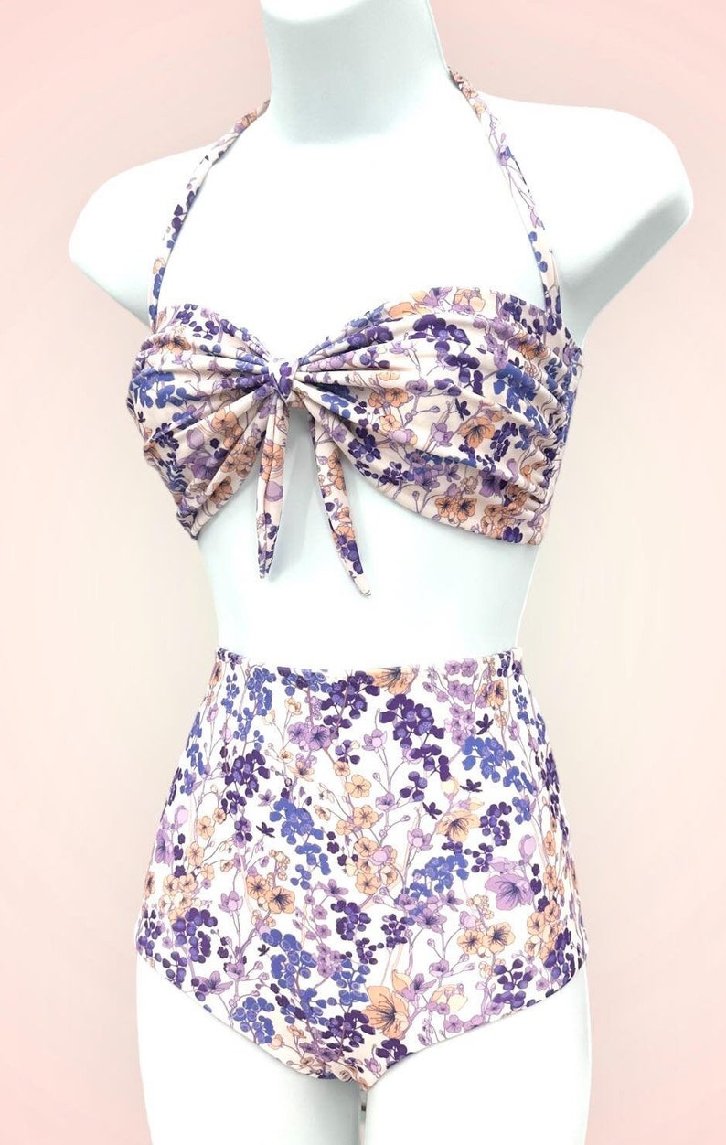 Pretty Cottagecore Bikini Floral Purple & Lavender High Waisted Bikini Set Handmade In England Feminine Ladies 2 Piece Bathing Suit image 6