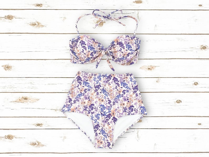 Pretty Cottagecore Bikini Floral Purple & Lavender High Waisted Bikini Set Handmade In England Feminine Ladies 2 Piece Bathing Suit image 4