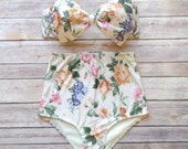Bow Bikini Vintage Style High Waisted  Retro Pin-up Swimwear -English Garden Floral Print - Cute For Honeymoon, Bachelorette, Spring Break