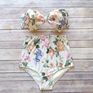 Cute Bow Bikini - Vintage Style High Waisted Pin-up Swimwear - Amazing English Country Garden Floral Print