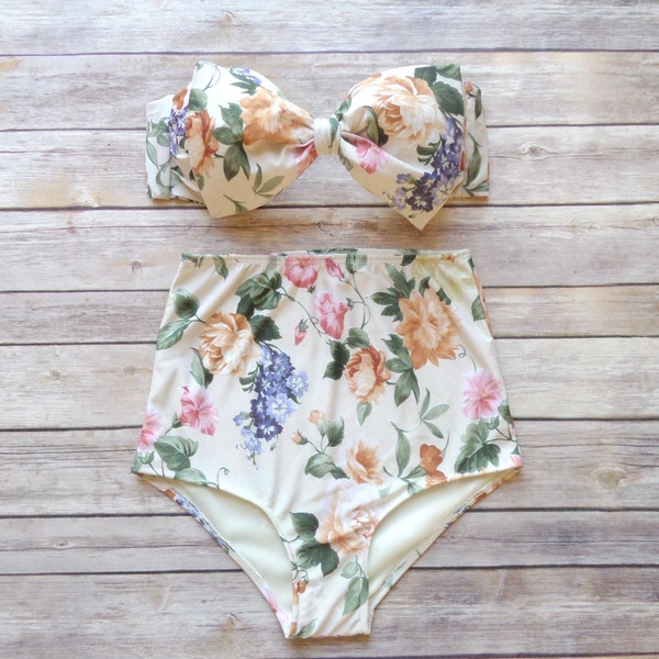 Bow Bikini Vintage Style High Waisted  Retro Pin-up Swimwear -English Garden Floral Print - Cute For Honeymoon, Bachelorette, Spring Break