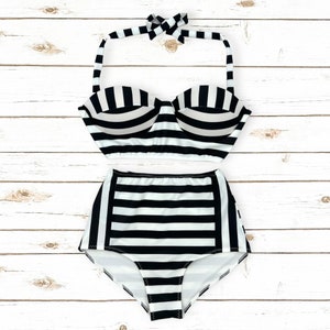 Black & White Striped Pin Up 2 Piece Bikini Set Unique Flattering Handmade Beachwear Recycled Eco Friendly Swimwear From The UK. image 2