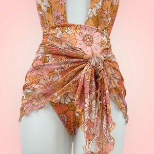 Orange Floral 70's Vibe Sarong - Recycled Eco Friendly Swimsuit Cover Up - Handmade Beach Wrap - Short Ruffled Beachwear Skirt