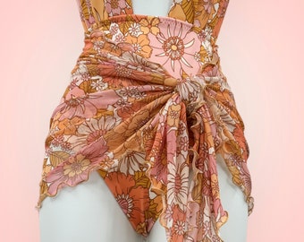 Orange Floral 70's Vibe Sarong - Recycled Eco Friendly Swimsuit Cover Up - Handmade Beach Wrap - Short Ruffled Beachwear Skirt