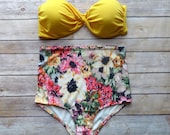 Twist Bandeau Bikini - Vintage Style High Waisted Pin-up Swimwear - Amazing Floral Print - Unique & So Cute!