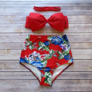 Bow Bandeau Bikini - Vintage Style High Waisted Pin-up Swimwear -  Beautiful Bold Floral Print - Unique & So Cute!