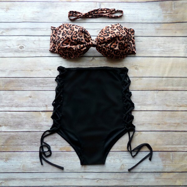 Bow Bandeau Bikini - Vintage Style High Waisted Pin-up Swimwear - Criss Cross Cut Out Sides - Unique & So Cute!