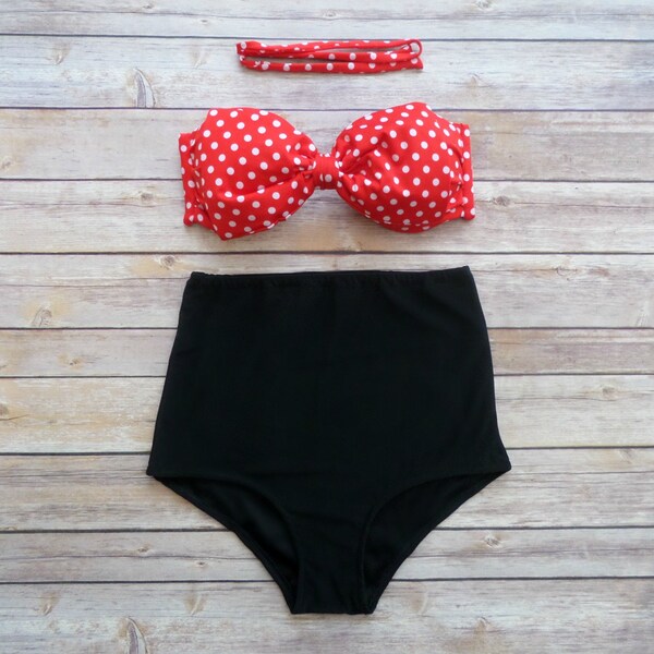 Bow Bandeau Bikini Swimsuit - Vintage Style High Waisted Pin-up Swimwear - Red White Polka Dot Print Bathing Suit - Unique & So Cute!