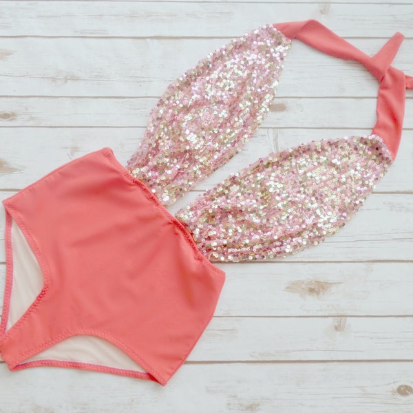 Swimsuit High Waisted Vintage Style - Sparkle Gold Pink Sequin One Piece Retro Pin-up Bathing Suit Swimwear - Unique Pretty & So Cute!