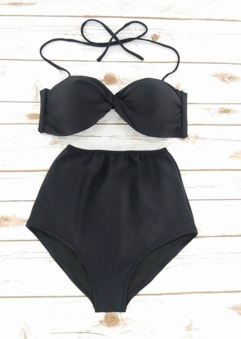 Ultra Flattering Black Bikini Set Twist Top With High Waist Etsy