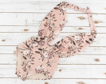 Beautiful Blush Pink Swimsuit - Oriental Floral Design Ladies Swimwear - Pretty Honeymoon, Bachelorette, Bride To Be Bathing Suit