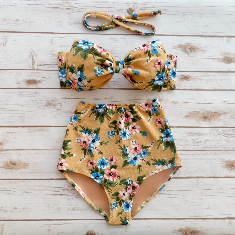 Mustard Yellow Cute Floral 2 Piece Swimsuit Bikini Set Ladies High Waisted Vintage Style Retro Bow Pin-up Bathing Suit Pretty Swimwear