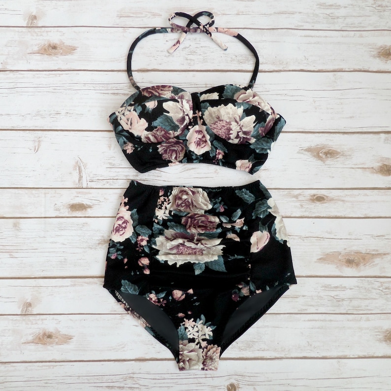 Retro 2 Piece Vintage Style Black Bold Floral Pretty Pin-up Bathing Suit Swimwear Bustier Bikini High Waist Ruched Panel Briefs Swimsuit